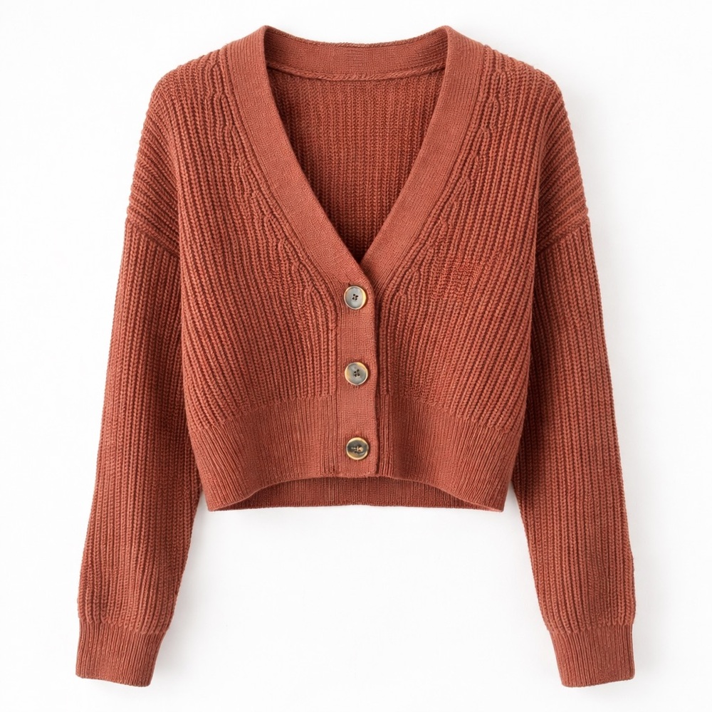Babaton Rust Cropped Chunky Knit Cardigan Button Front Cozy Minimalist Sweater S